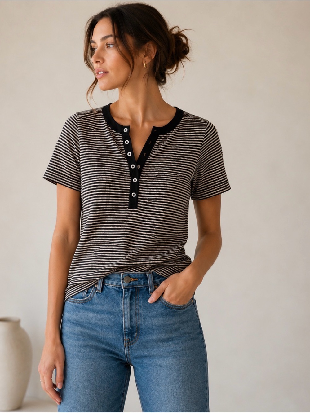 The GREAT. Black & White Striped Henley Knit Top Size 1